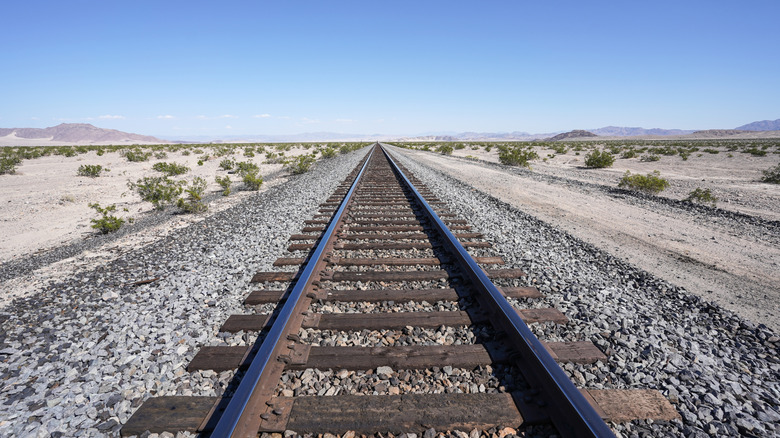 Train tracks extend into the Nevada desert
