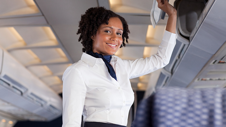 Smiling flight attendant on plane