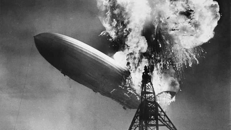 Black-and-white photo of the infamous Hindenburg Disaster airship explosion.