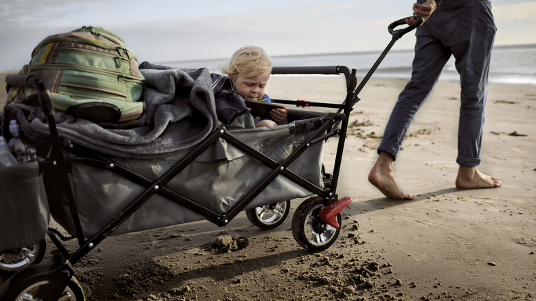 wagon with toddler on beach