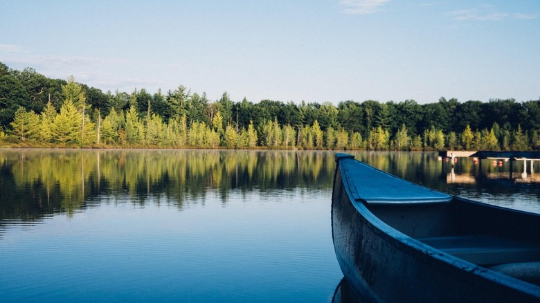 A canoe floats on Waitts Lake, near Chewelah, Washingotn