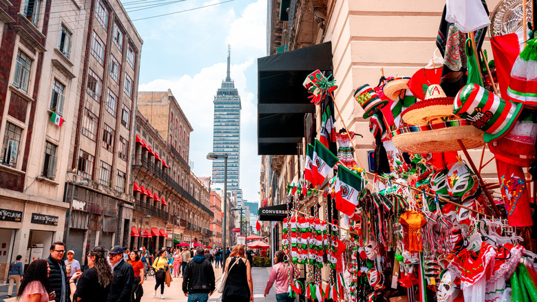 View of Madero Street and the Latin American Tower covered in Independence Day decorations.