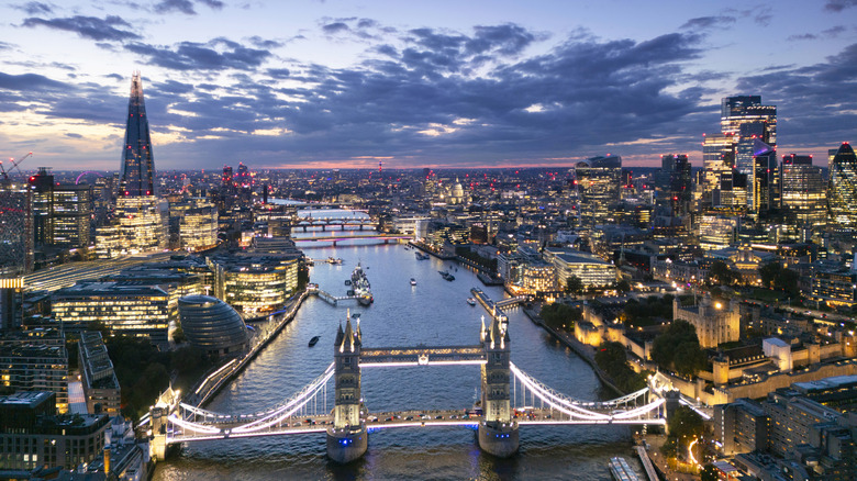 View over the Thames at night with Tower Bridge and the Shard