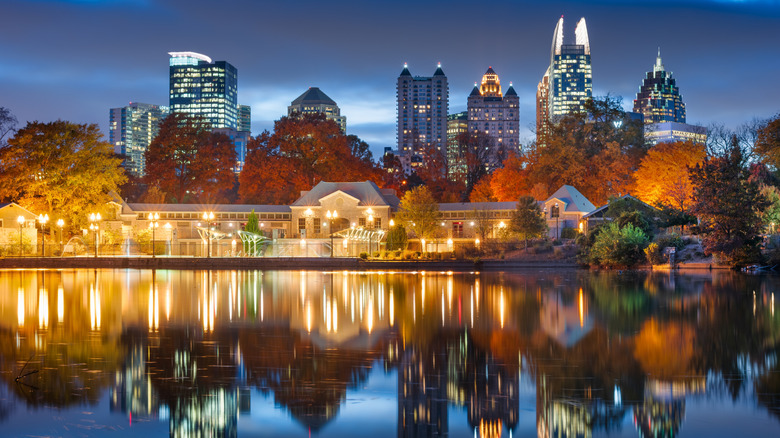 Piedmont Park skyline in Atlanta, Georgia, in autumn at night.
