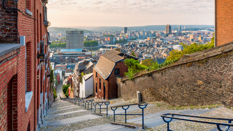 Skyline of Liege, Belgium seen from top of staircase