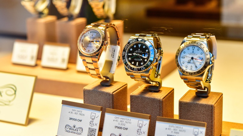 A row of Rolex watches in a showcase in a Switzerland store