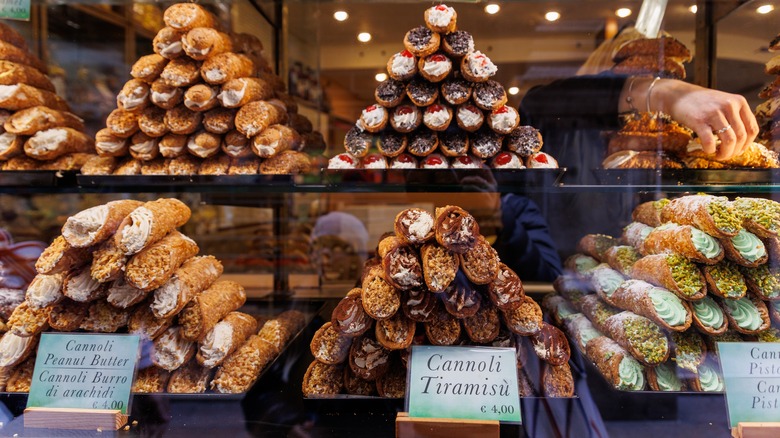 Pre-filled cannoli on display at bakery