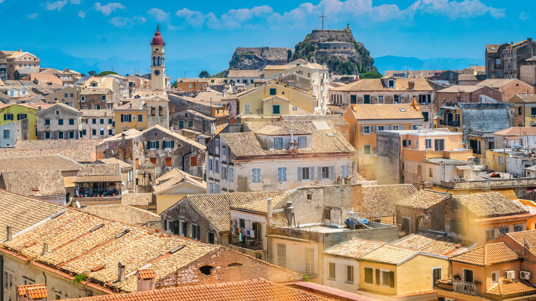 Aerial view of Corfu: chamring stone houses packed closely together