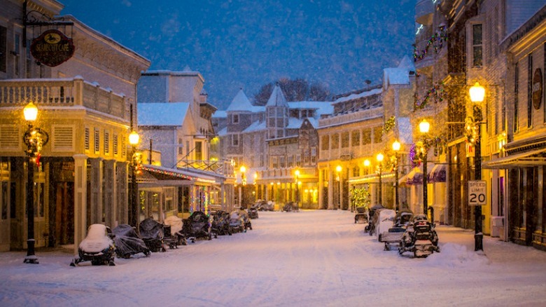 Downtown Mackinac Island in snow