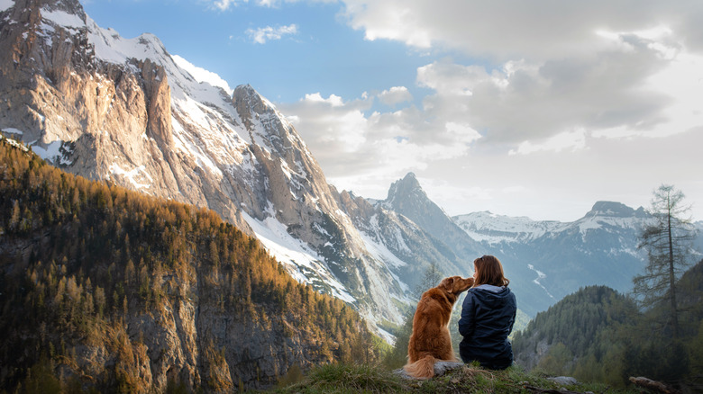 Girl and dog in mountains
