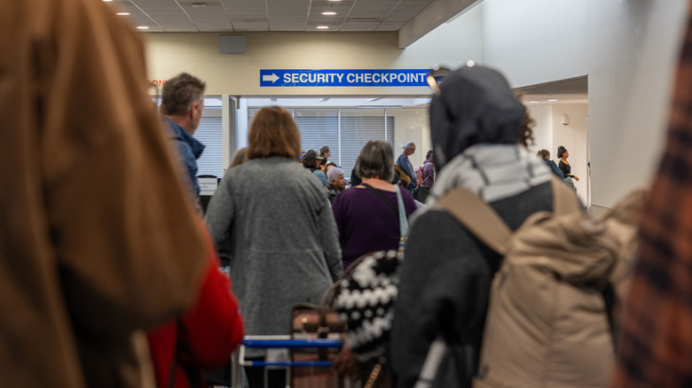Airline passengers wait in line for the security checkpoint in a Georgia airport