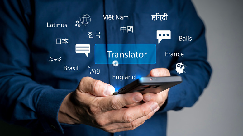 Multilingual place names pop out of a smartphone