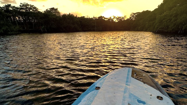 A visitor paddleboardsat Cenote Encantado Nuan