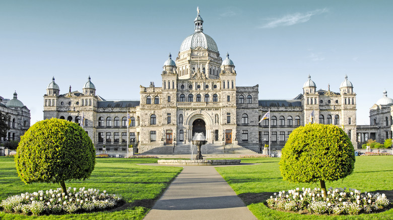 parliament building with fountain and walkway