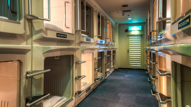Osaka capsule hotel double-stacked rows ladders