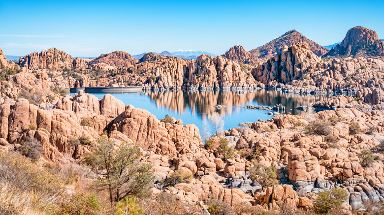 Rocky landscape with lake in middle