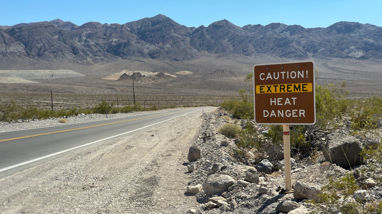 an extreme heat danger sign in Death Valley National Park