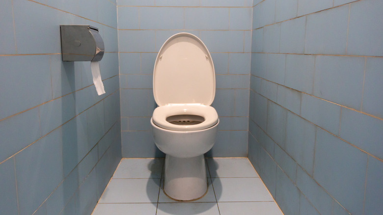 Toilet in cubicle with the lid in an upright position