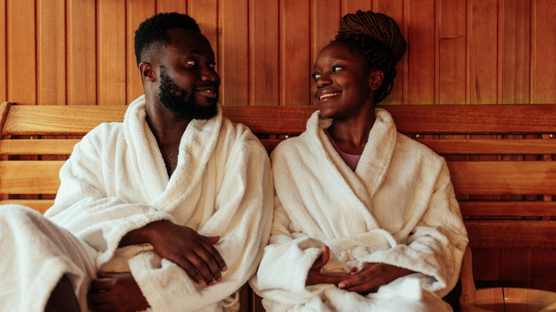 Couple in spa robes