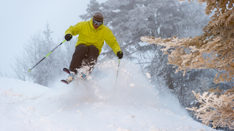 an expert skier skiing on fresh powder at Stowe Mountain Resort in Stowe, Vermont