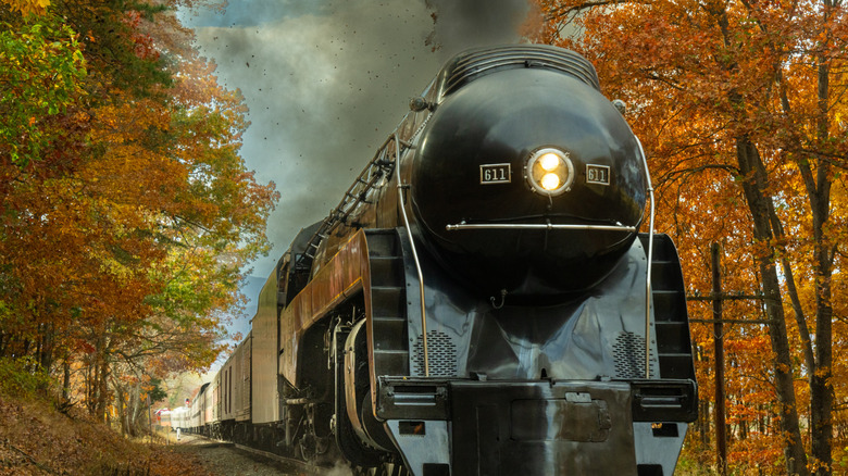Virginia Scenic Railway's Shenandoah Valley Limited train running along tracks flanked by fall foliage