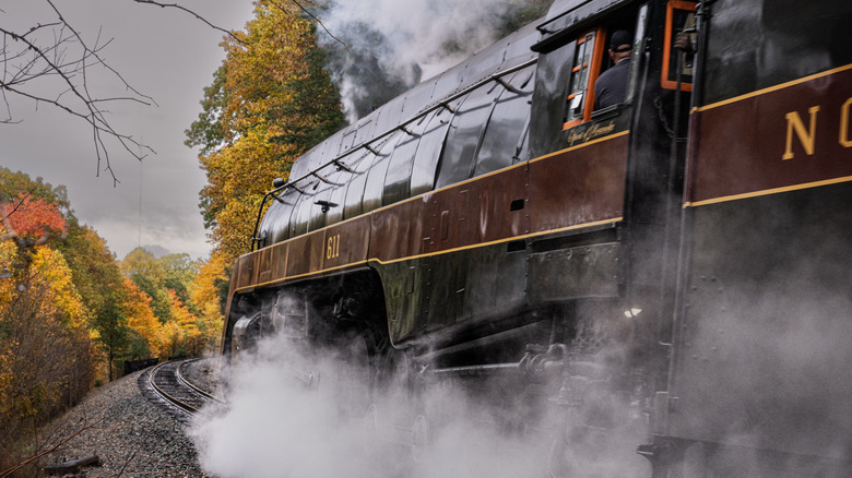 Virginia Scenic Railway's Shenandoah Valley Limited train curving along the tracks near autumnal trees