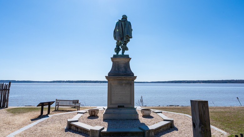 A statue of Captain John Smith proudly overlooks the water in Historic Jamestowne