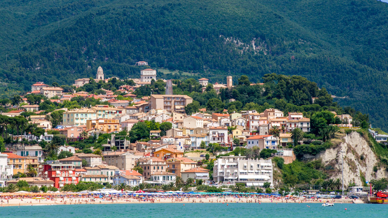 Coastal town below green hills