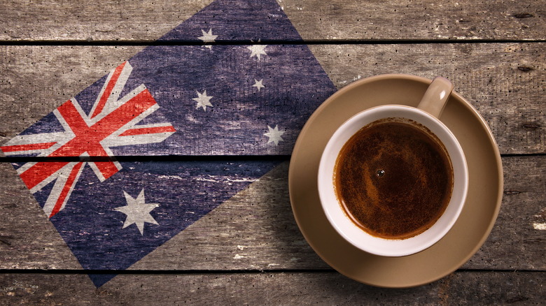 Australian flag next to coffee