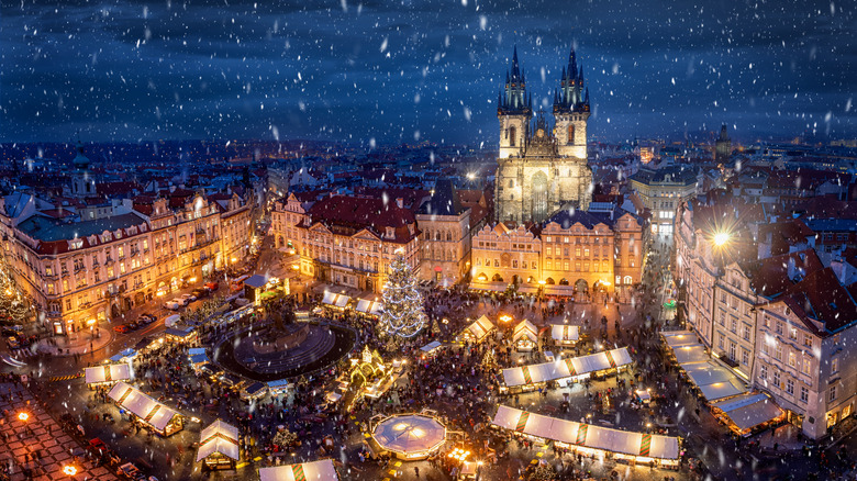 Winter snow falling in Prague