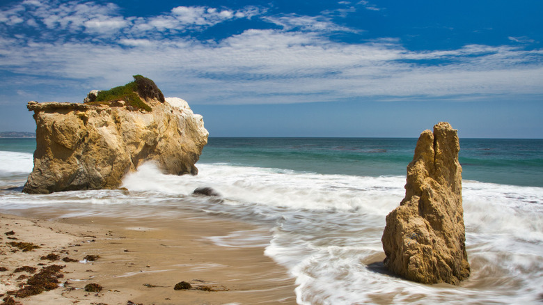 Large sea stacks on beach