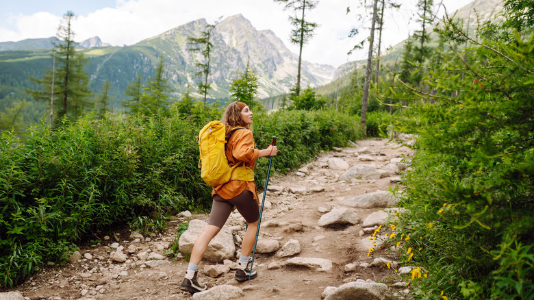 Female hiker with hiking backpack and trekking poles climbing rocky path with mountains in background