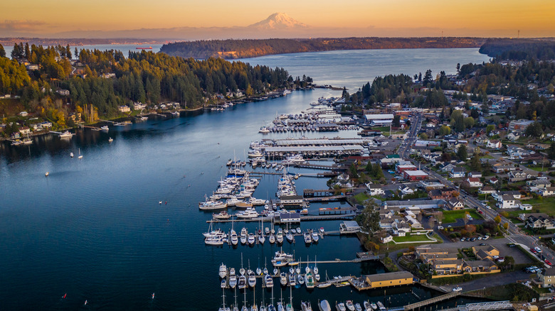 an aerial view of Gig Harbor with Mount Rainier in the background at sunset along Puget Sound in Washington