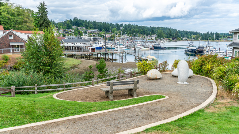 fishing boats docked in the marina in Gig Harbor on Puget Sound in Washington