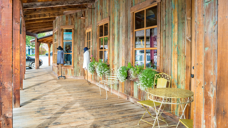A covered wooden sidewalk in Winthrop, Washington