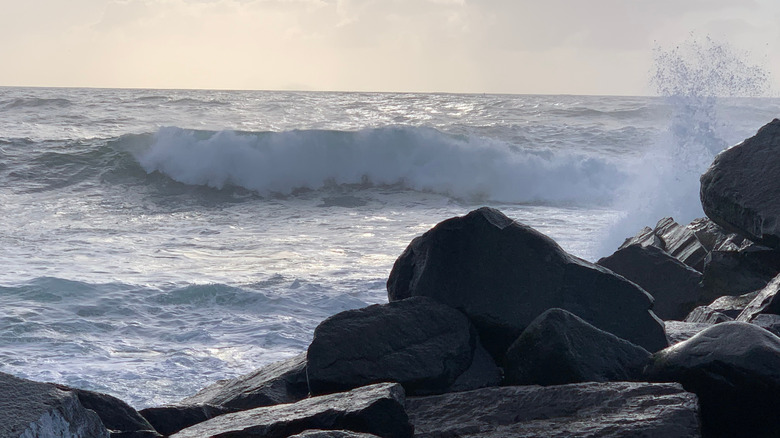 Waves crashing along the black rocks at the North Jetty at the end of the Brown Point Peninsula in Ocean Shores, Washington