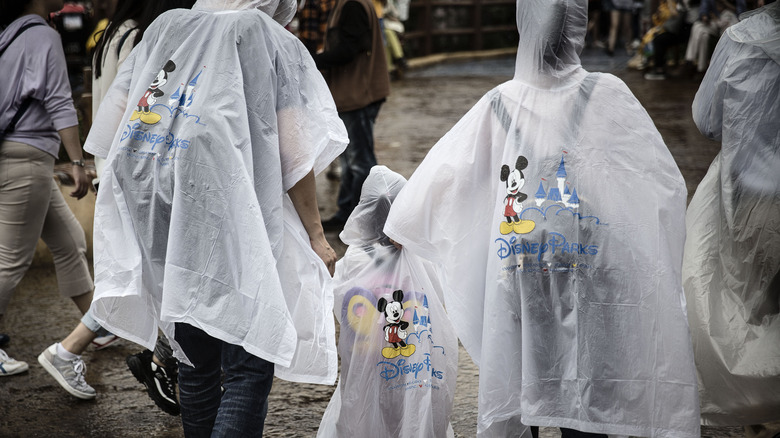 Family wearing wet Disney ponchos