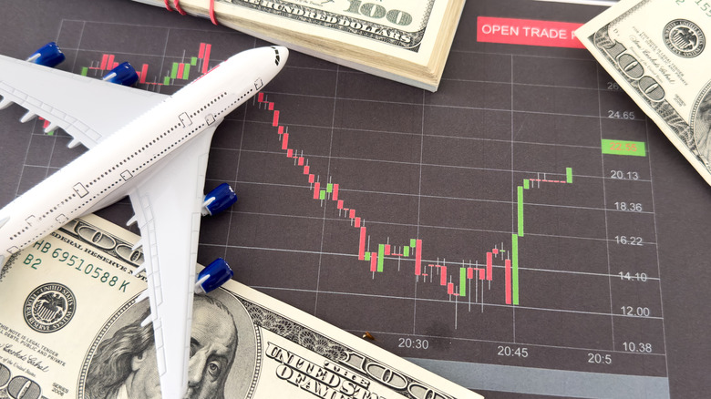 Flat lay of US bank notes and stock graph with plane toy