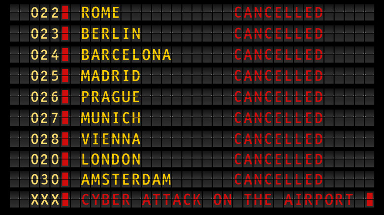 An infographic of an airport departure board listing cancelled flights due to cyberattack on airport