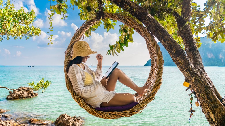 Woman working while on vacation