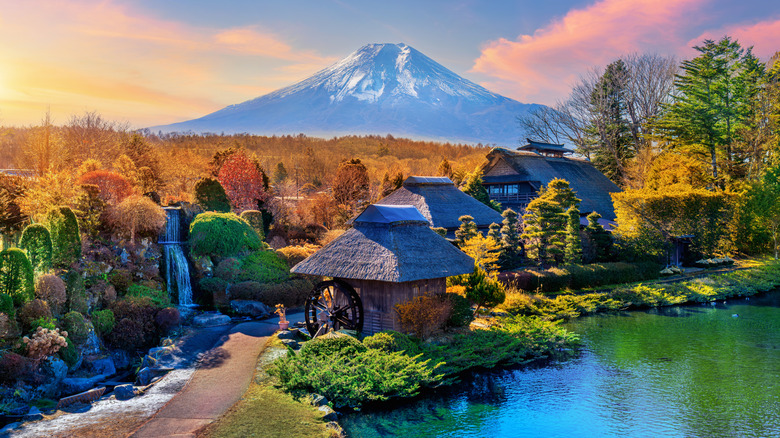 a traditional japanese onsen with mount fuji in the distance