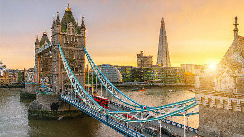 sunset over london bridge and shard