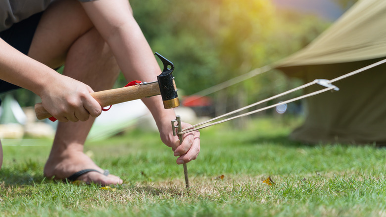 Someone hammers a tent peg into grassy ground