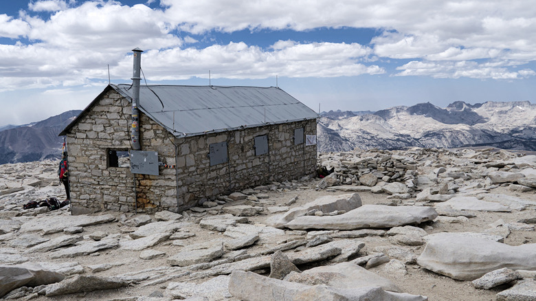 A stone cabin marks the summit of Mt. Whitney, California