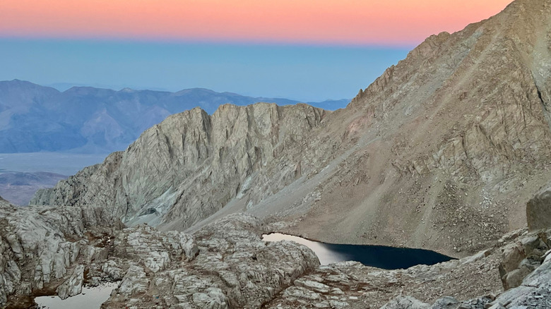 The sun sets over the denuded slopes of Mt. Whitney, California