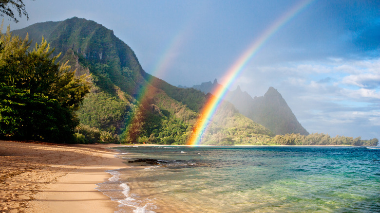 A double rainbow touches down on the Hawaiian coast