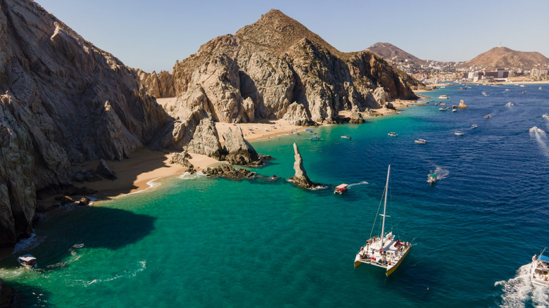 Aerial view looking down at the famous Arch of Cabo San Lucas.