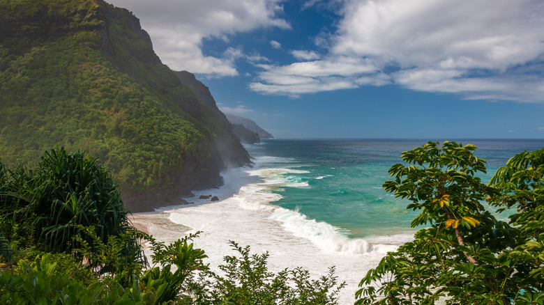 a scenic view of the coast of Kauai from above