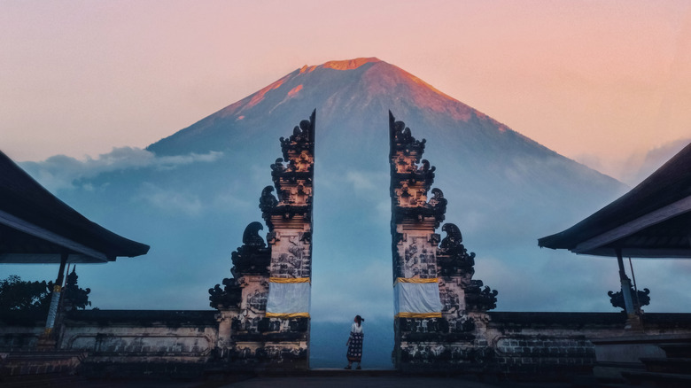 Person standing at mountain temple gate