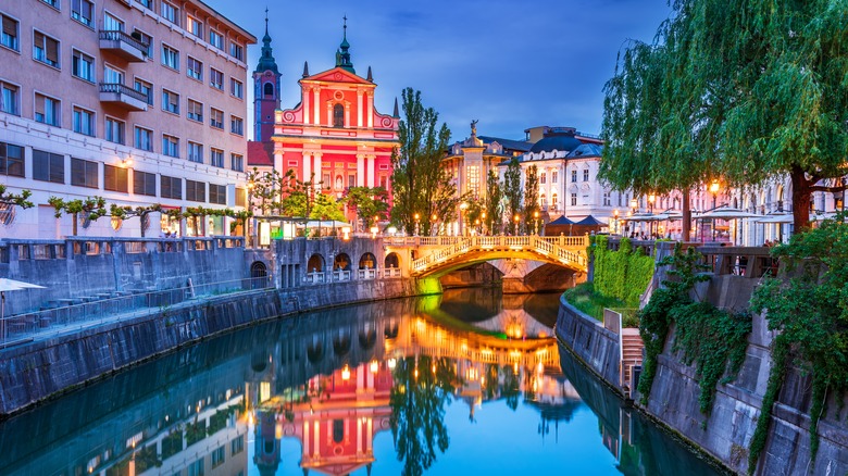 river in Ljubljana at twilight